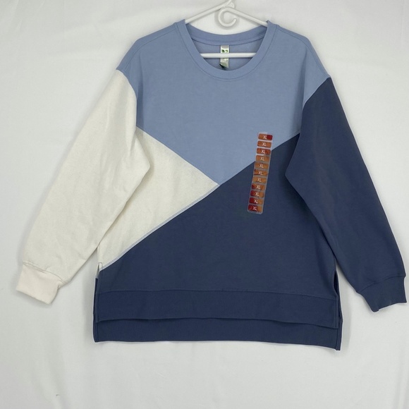 GreenTea Tops - Green Tea Womens XL Color Block Top Sweatshirt Denim Blue Long Sleeve Fleece